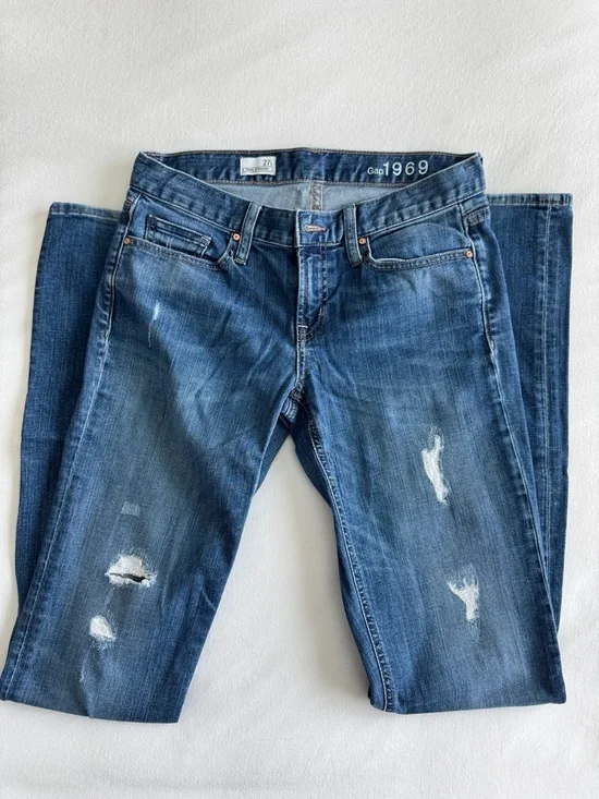 GAP Medium Dark Blue Distressed Straight-Leg Jeans 27 Long - Picture 3 of 9